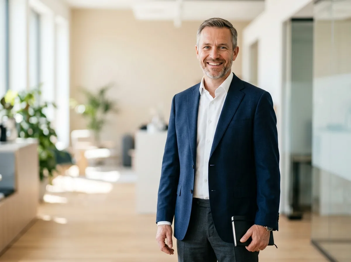 Мужчина 45–50 лет, деловой вид, светлый фон, открытое выражение лица
